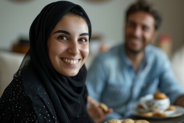 A female enjoys eating Eid Kahk while drinking tea with a smile on her face
