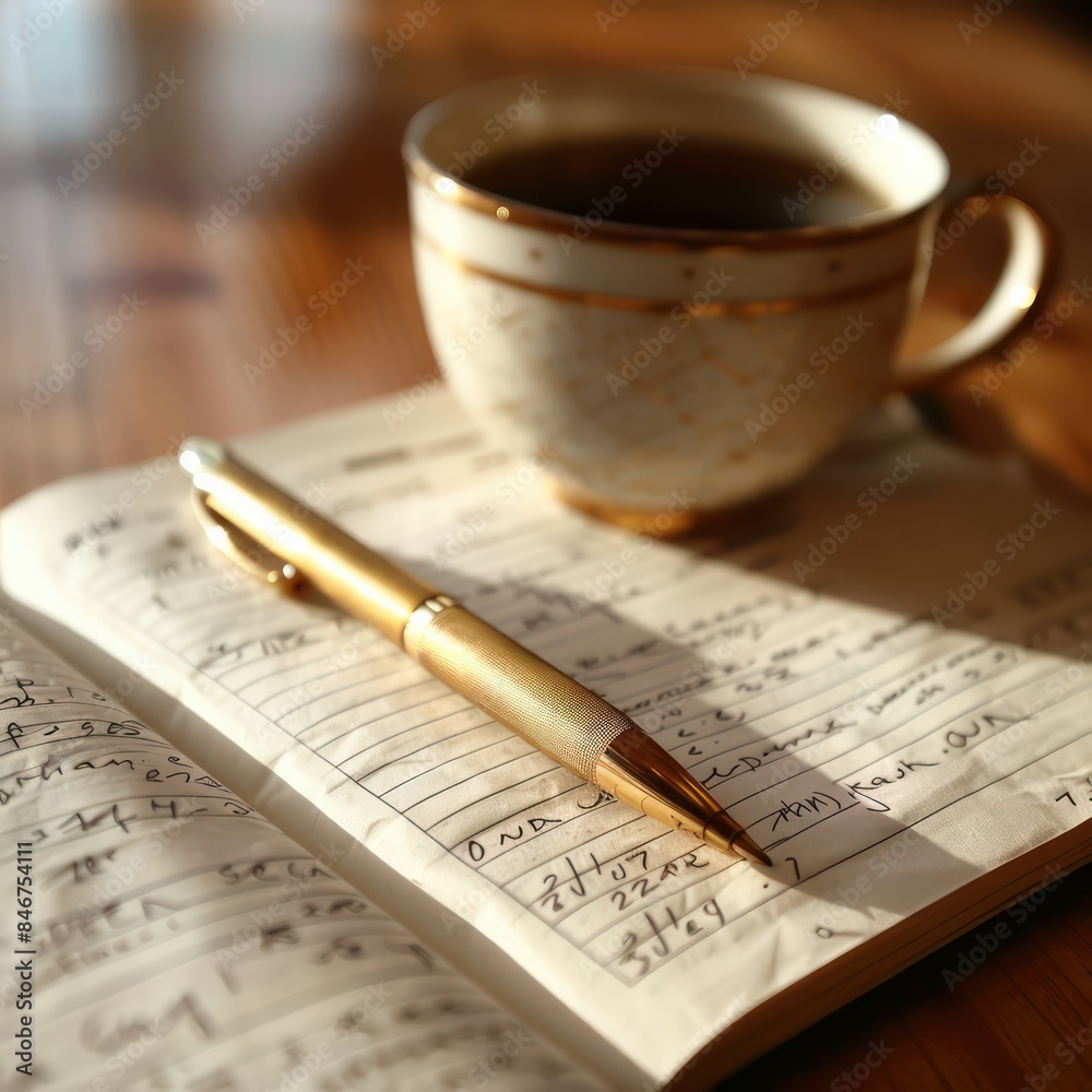 Poster a pen and a cup of coffee sit on a table next to a notebook