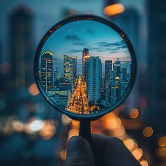 A person is holding a magnifying glass and looking at a cityscape