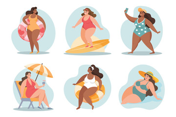 Summer holidays time, people set. Happy women in swimsuits. Beach holiday, sun and relaxation. Concept illustration. Vector