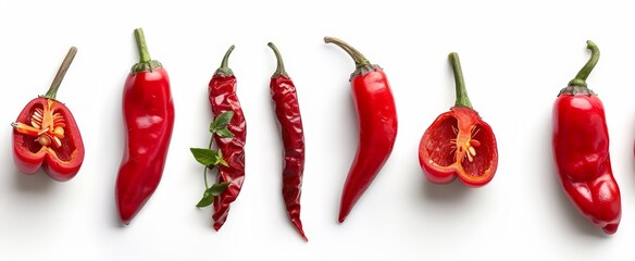 Seven red peppers in various stages of ripeness