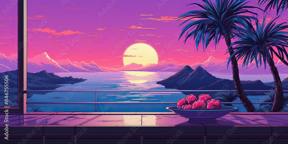 Wall mural Retro vintage retrowave synthwave vacation tropical exotic landscape background with palm trees scene