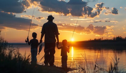 A father and two sons are fishing at sunset, silhouettes of a dad and two youths.
