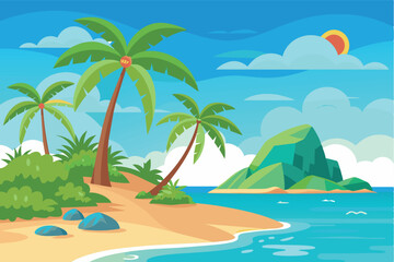 Obraz premium Depicts a picturesque tropical beach. It depicts palm trees, sandy shore, clear blue water and rocky cliffs. The theme perfectly conveys the atmosphere of a tropical paradise and can be attractive for