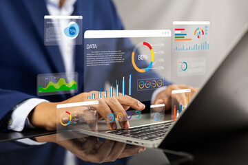 Analyst utilizing technology and dashboard with charts data science and Big Data technology for business, Strategic data management system with KPI organization performance with technology and metrics