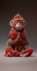 A Detailed 3D Rendering of a Monkey in a Deep Red Robe and Hat Meditating with a Serene Expression Against a Dark Grey Gradient Background