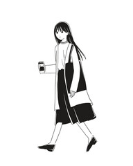 コーヒーを持って歩く女性