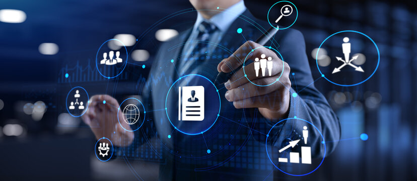 Send CV resume job search HR recruitment hiring businessman pressing button.