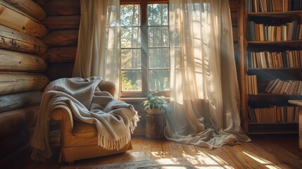 A cozy living room with a chair, a potted plant, and a window