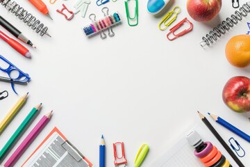 Naklejka premium Back to school. Top view of school supplies on white paper banner. Space for copy