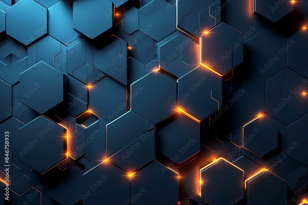 Poster an abstract background featuring a repeating hexagon pattern in dark blue with glowing orange edges.