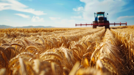 Tractor in a golden wheat field during harvest season