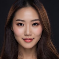 Pretty Asian beauty woman long hair with japanese makeup glowing face and healthy facial skin portrait smile on isolated black background