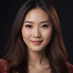 Obraz premium Pretty Asian beauty woman long hair with japanese makeup glowing face and healthy facial skin portrait smile on isolated black background