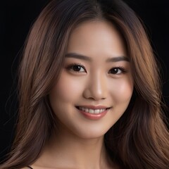 Obraz premium Pretty Asian beauty woman long hair with japanese makeup glowing face and healthy facial skin portrait smile on isolated black background
