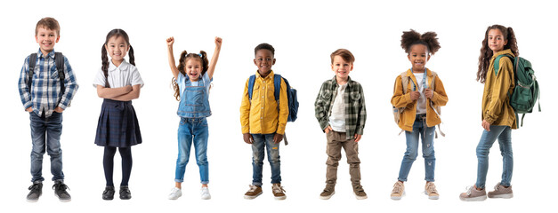 Group of happy children with backpacks isolated on white background