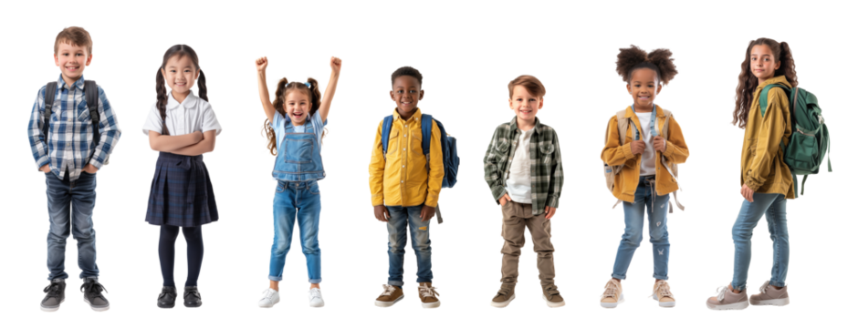 Group of happy children with backpacks isolated on white background