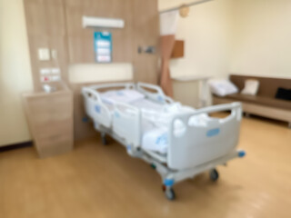 Blur image of Hospital bed in a luxurious and modern patient room. The atmosphere is clear and you can see the surrounding view