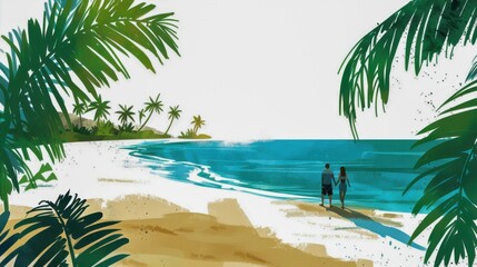 Sunlit Beach Scene with Clear Blue Water, Soft White Sand, Swaying Palm Trees, and a Happy Couple Holding Hands and Smiling on a Bright, Peaceful, and Relaxing Day