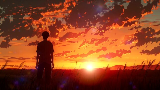 A man gazes at the sunset over the horizon. Summer concept, anime illustration style, looping 4k video animation background