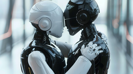 Together, a white ai robot facing a black ai robot, realistic, holding each other