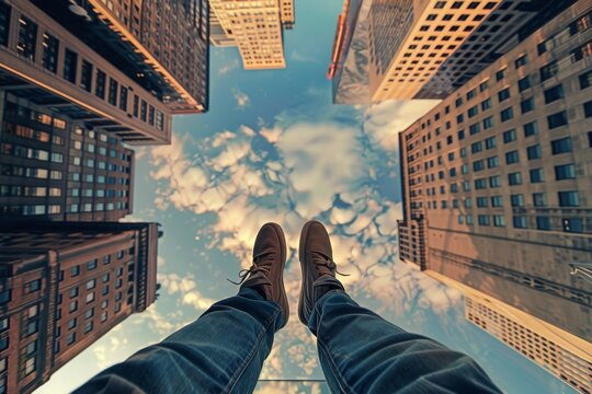 Looking up at a surreal cityscape with legs dangling in the air, creating an inverted perspective of skyscrapers against a clouded sky, first person perspective