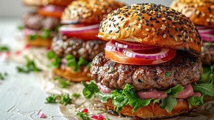 Four Delicious Looking Burgers in a Row with Sesame Seeds, Topped with Lettuce, Tomato, and Onion, against a White Background with a Parsley Sprig; Inviting and Tasty Mood Image