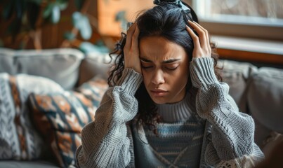 A young woman is sitting on a sofa in a living room and holding her head with both hands. Eyes closed in pain