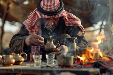 A Bedouin man in traditional clothing prepares tea over an open fire in the desert. Generative AI