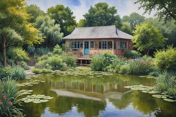 Obraz premium Picturesque Scene of a Quaint House by the River, with Lush Gardens and Trees, Encapsulating Diversity, Equity, and Inclusion through the Harmony of Nature