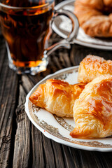 Breakfast in a cafe, delicious Turkish achma bun and strong sweet tea, vertical shot