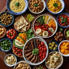 a table full of different foods including one with a variety of different foods.