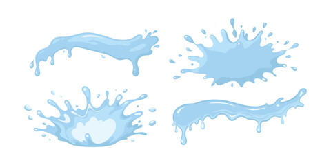 Set of blue water drops and splashes on a white background. Clipart set. Vector