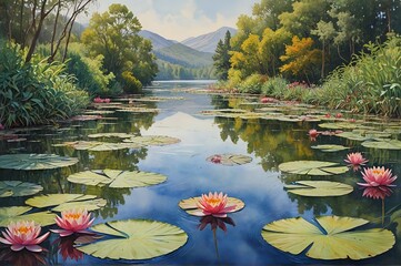 Fototapeta premium Serene Nature Scene: A Pond with Lilypads and Lotus Flowers, Surrounded by Mountains and Trees