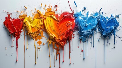 Eye-catching row of heart-shaped balloons with colorful dripping paint on a clean background