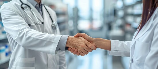 Pharmacist and Patient Engage in a Handshake within a Drugstore Background