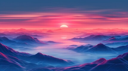 Obraz premium Stunning Sunset Over Mountain Range with Deep Blue Peaks and Light Purple Fog in Foreground - Serene and Peaceful Landscape with Gradient Sky in Purple, Pink, and Blue Hues