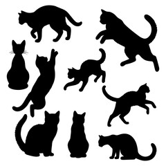 Vector illustration. Large set of cat silhouettes for printing. Sticker template.