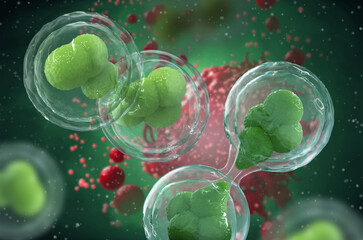 Medical concept background, division of healthy stem cells in the fight against diseased, defective, cancerous, malignant formations, 3d rendering