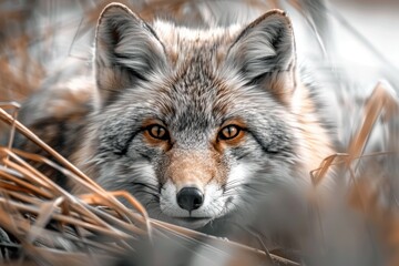Fototapeta premium A fox with orange eyes peeks out from a thicket of dry yellow grass.