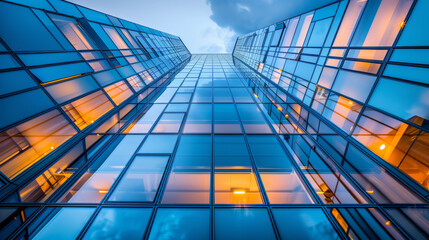Fototapeta premium Modern glass office building exterior with illuminated windows