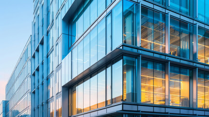 Modern glass office building exterior at sunset
