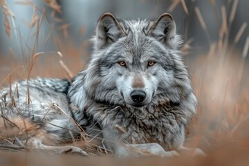 A lone wolf with yellow eyes lies against the backdrop of a field with tall dry grass.
