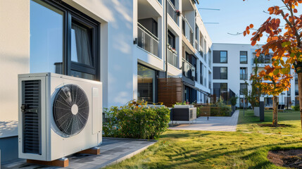 Modern heat pump installed outside new residential building in autumn