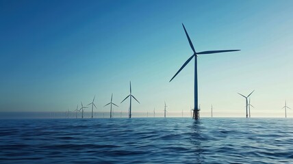 Wind turbines in the ocean generating renewable energy, offshore wind farm