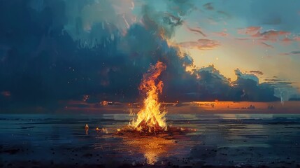 Fototapeta premium Peaceful Gathering with Logs, Conversations, Gentle Waves, and Deep Orange Sky