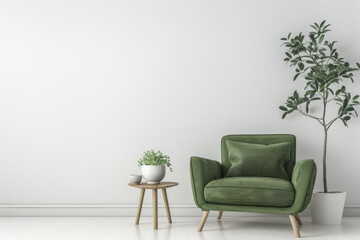 Modern minimalist interior with a green armchair, small wooden table, and potted plants against a white wall. Cozy and stylish living space.