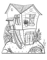 Naklejka premium Country house, landscape, coloring page.