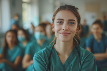 Fototapeta premium Photograph of a woman doctor, nurse, portrait shot smiling cheerfully, standing front row in class.
