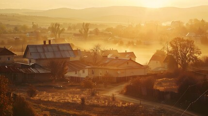 Fototapeta premium Dusty Rural Village Farmlands Affected by Pollution at Golden Hour